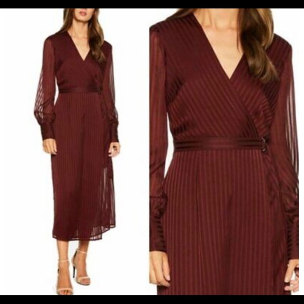BARDOT Burgundy Long Sleeve Tea-Length Wrap Dress